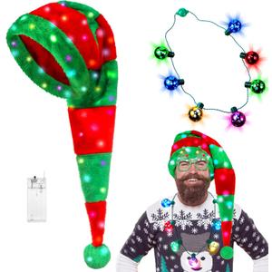 Estune Light up Christmas Hat Necklace Set LED Plush Santa Hat Xmas Lighted Bells Necklace Adult Costume Accessories