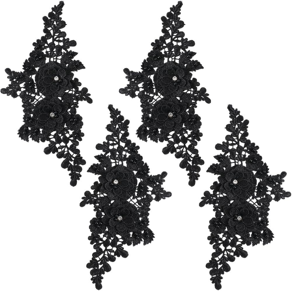 4Pcs Black Lace Bead Flower Applique 3D Floral Rhinestone Beaded Appliques Embroidery Polyester Crystal Pearl Sew on Patches for Sewing Making Dresses Cloth Gowns Home Decor Wedding Supply