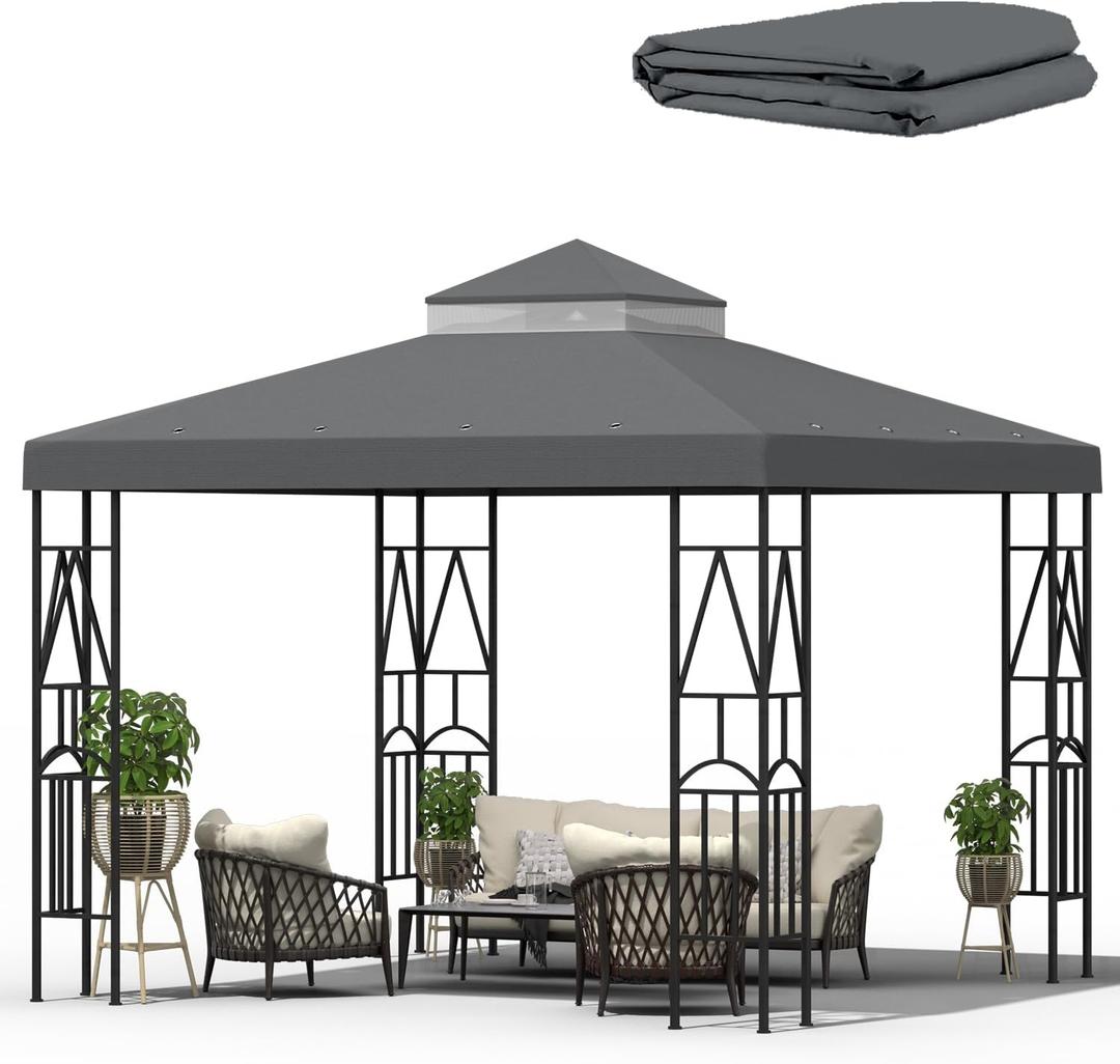 10x10 Canopy Replacement Top Double Tiered Gazebo Cover for Yard, Patio & Garden Durable Sunshade Replacement (Gray)