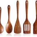 5 Pcs Best Wooden Spoons for Cooking Kitchen Utensils Set Acacia Wood Cooking Spatula Turner Non Toxic Utensil Slotted Serving Spoon Flat Spatulas Set Wooden Utensis Mixing Cooking Spoon Kitchen Tools