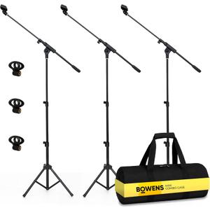 BOWENS 3 Set Adjustable Tripod Mic Stand Boom Arm (1870")  Microphone Stand floor for Singing Podcast with Universal Clips and Padded Carry Case