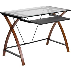 Flash Furniture Jude Tempered Glass Computer Desk with Pull-Out Keyboard Tray and Crisscross Frame, Small Computer Desk for Home Office, Cherry/Clear