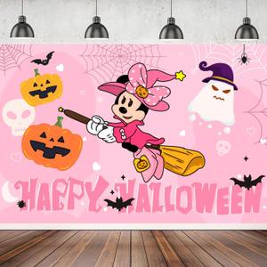 2 x Halloween Decorations Banner, 5x3Ft Cartoon Mouse Theme Happy Halloween Backdrop with Bat, Spider And Pumpkin for Party Decorations Indoor Outdoor