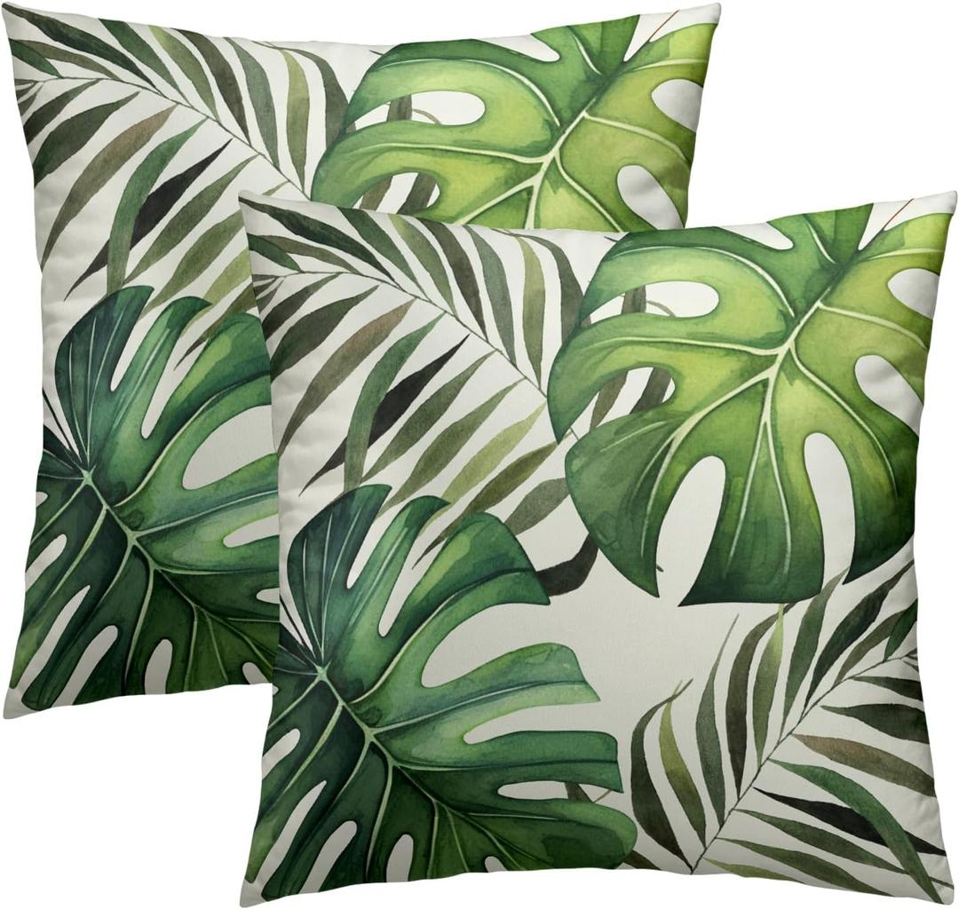Summer Green Leaf Throw Pillow Cover 18x18 Inch Pack of 2 Tropical Palm Leaves Cushion Pillow Case Square Cotton Botanical Plant Leaf Pillowcase for Party Bed Sofa Home Car Bedroom Outdoor