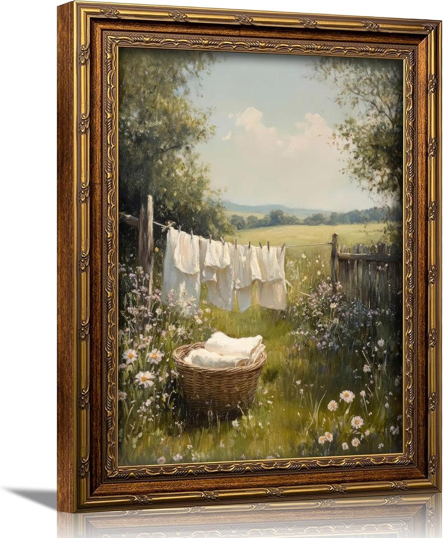 3D Textured Canvas Wall Art Vintage Carved Gold Frame Retro Cottagecore Laundry Farmhouse Country Landscape Relief Poster Print Artwork for Washroom Bathroom Laundry Room Home Decor