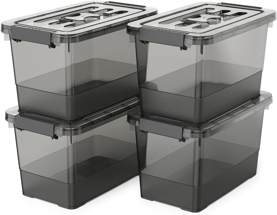 4 Pack 7 Quart Clear Black Storage Bins with Latching Lids, Stackable Plastic Storage Containers for Closet, Pantry & Garage Organization