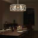 Dining Room Chandelier Over Table 22" Drum Modern Farmhouse Pendant Light Fixture for Living Room Kitchen Island Bedroom, Metal Rustic Round Brushed Nickel Wood Grain Finish Hanging 5-Light, D21.7"