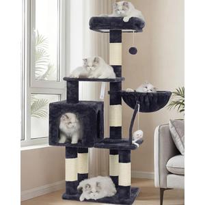 Heybly Cat Tree with Toy, Cat Tower Condo for Indoor Cats, Cat House with Padded Plush Perch, Cozy Hammock and Sisal Scratching Posts, Smoky Gray HCT004SG