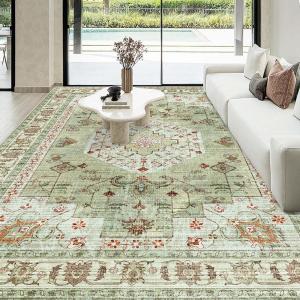 Washable Boho Area Rug 8'10' Green Brown Large Living Room Rug Non-Slip Indoor Decor Soft Oriental Vintage Bedroom Carpet Dining Room Nursery Home Office