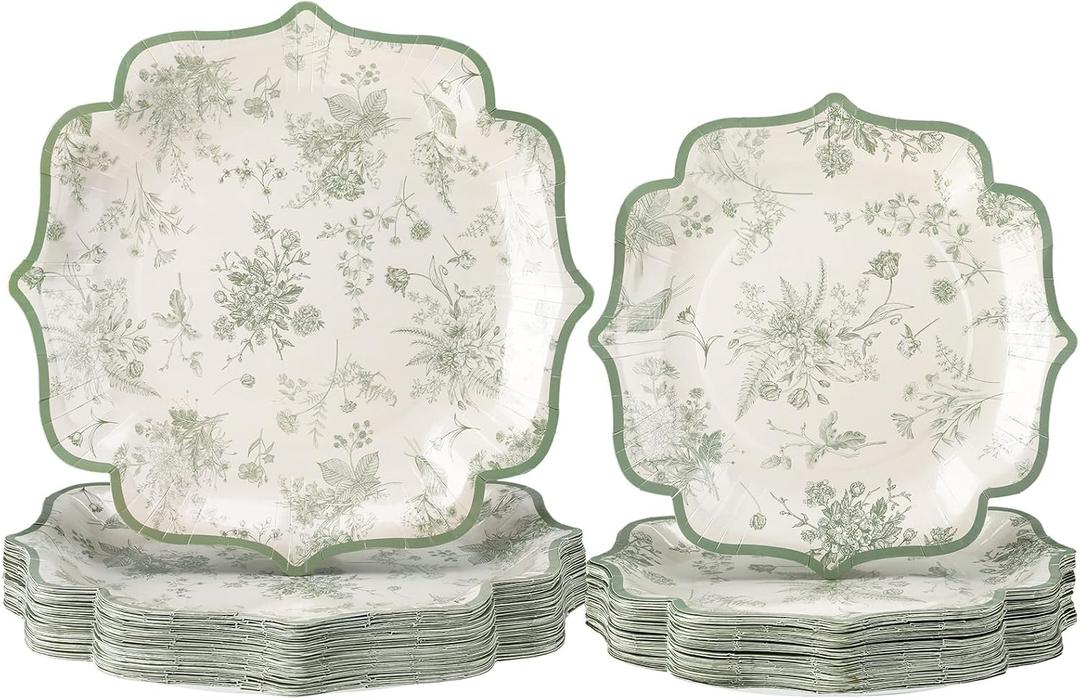 Havawish 100 Pcs Sage Green Disposable Plates Floral Green and White Paper Dessert Dinner Plates Bulk Set of 50 Guests 8 Inch 10 Inch for Birthday Wedding Bridal Tea Sage Party Supplies