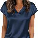 Zeagoo Women Silk Satin Tops Cap Short Sleeve Blouse V Neck Shirts Business Casual Outfits (Medium)