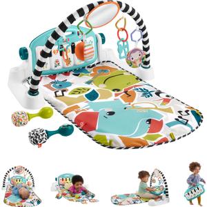 Fisher-Price Baby Musical Toy Set Glow and Grow Kick & Play Piano Gym Blue Playmat with 2 Rattle Maracas for Newborns Ages 0+ Months