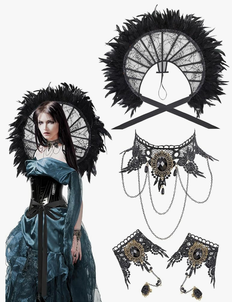 Witch Jewelry Victorian Dress for Women Lace Choker Lace Necklace Bracelet Wristband Set Halloween Costume Cosplay Black