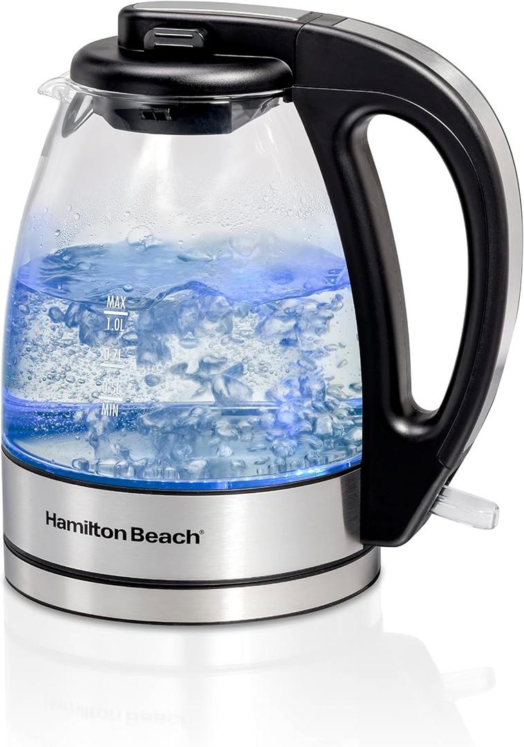 Hamilton Beach Electric Tea Kettle, Water Boiler & Heater, 1 Liter, 1500 Watts for Fast Boiling, BPA Free, Cordless Serving, Auto-Shutoff & Boil-Dry Protection, Blue LED, Glass
