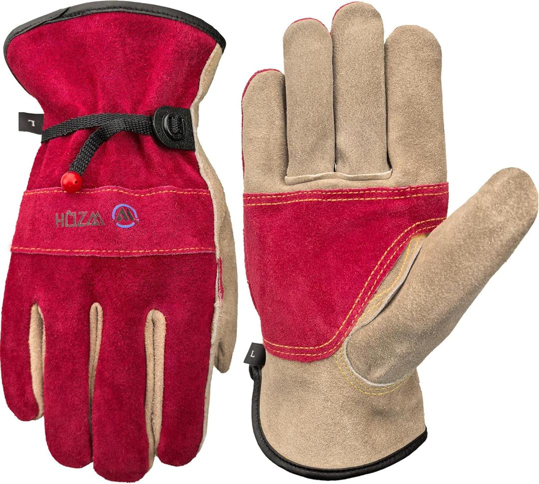 WZQH Leather Work Gloves for Women, Large Glove for Gardening, Tig/Mig Welding, Construction, Chainsaw, Farm, Ranch, etc. Cowhide, Cotton Lined, Utility, Firm Grip, Durable. Rose Red - Grey L