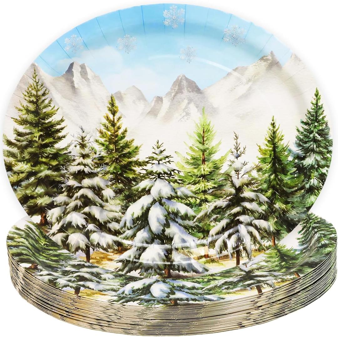 2 x ceiba tree Christmas Oval Paper Plates 30Pcs Bulk Snowflake Paper Platter Disposable Snow Winter Forest Green Pine Tree Dinnerware Winter Frost Dinner Plates for Home Holiday Party Favors Supplies