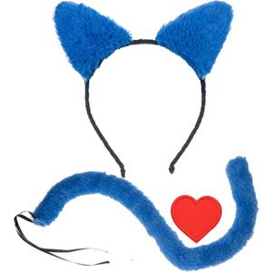 Merroyal Cat Ears Headband Balck Tail Set Halloween Accessory Cat Costume Accessories (Blue Headband+Tail+Love Clip)