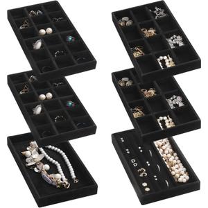 Frebeauty Jewelry Organizer Tray,Stackable Velvet Jewelry Trays,Drawer Inserts Earring Organizer For Women Jewelry Storage Display Case for Rings Stud Necklaces,Set of 6(Black)