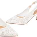 Slingback Wedding Heels for Women Bridal Lace Mesh Kitten Heel Closed Pointed Toe Pearl Pumps Shoes (White) Size 7 