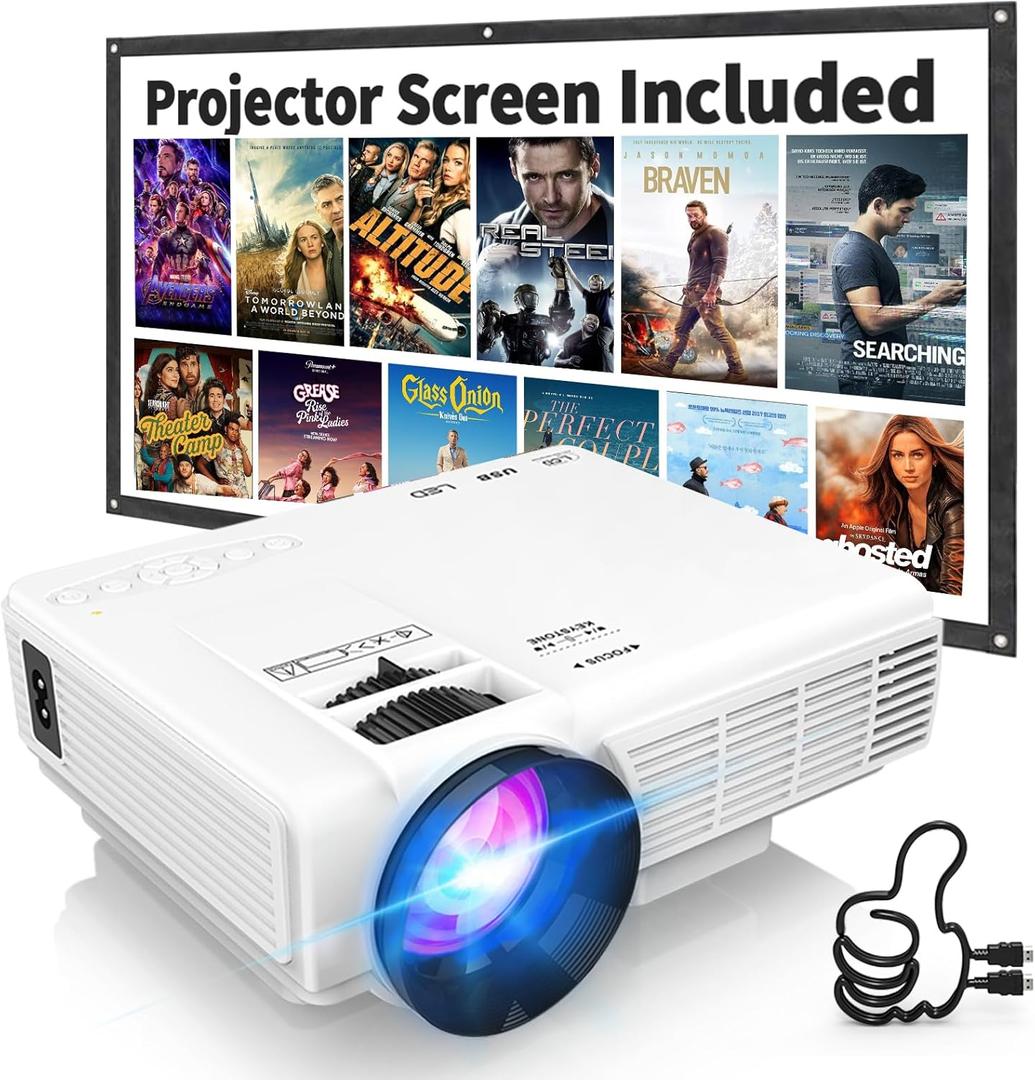 Mini 1080P Projector with Screen, Portable Home Theater Movie Projector with Two-Way Bluetooth, HDMI/USB Input for Smartphone/TV Stick, Ideal for Indoor & Outdoor Use