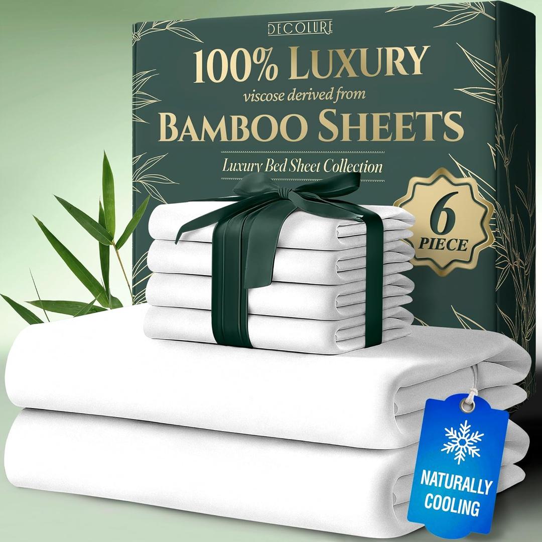 DECOLURE 100% Viscose Derived from Bamboo Sheets Queen Size 6pcs - Ultra Soft & Luxuriously Cooling, 17" Deep Pocket, Double Stitching, Perfect for Hot Sleepers - Queen Bed Sheets (White)