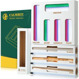 Calmbee 9 in 1 Bamboo Storage Bag Organizer for Kitchen Drawer Plastic Wrap Dispenser with Cutter & Foil Organizer, Wooden Baggie Organizer for Sandwich, Snack, Gallon, Quart Sizes, White