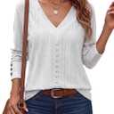 Dokotoo Womens Fall V Neck Long Sleeve Eyelet Embroidered Blouse (White, M)