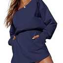Fisoew Womens Long Sleeve Athletic Dress Backless Keyhole Built-in Shorts Oversized Workout Active Dresses Navy Blue Medium