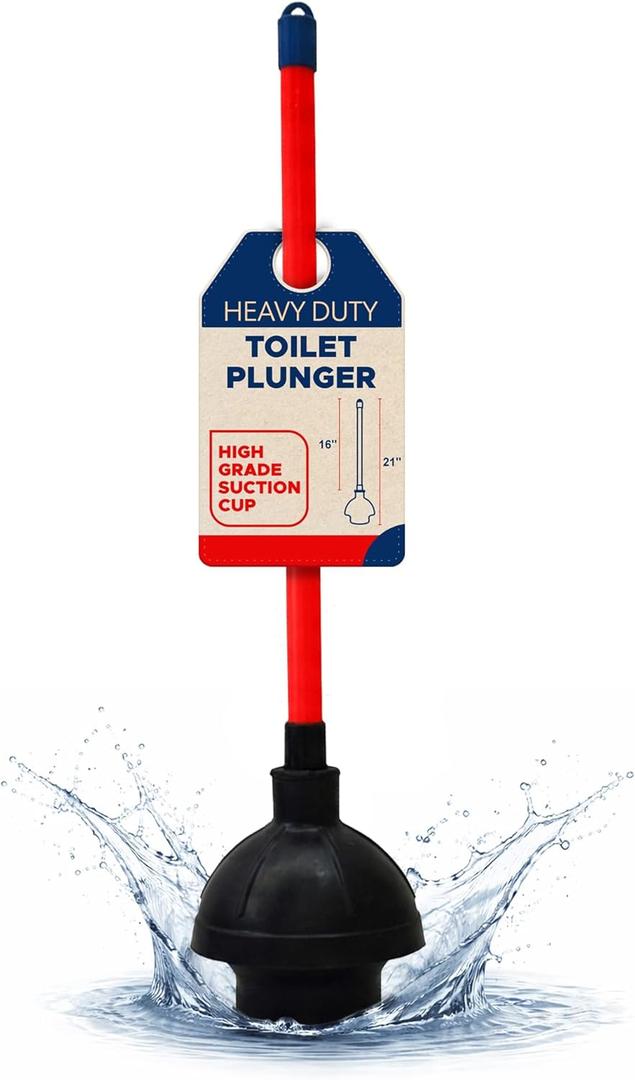 Heavy Duty Toilet Plunger for Bathroom - Commercial & Industrial Plunger with High-Grade Suction Cup - Drain, Sink & Toilet Clog Remover - Flange Plunger with Red Handle