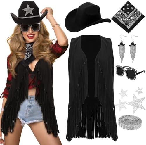 Tiamon Western Costume Accessories for Women Cowgirl Tassels Fringe Vest Cowboy Hat Rhinestone Earrings Glasses Paisley, Size XL