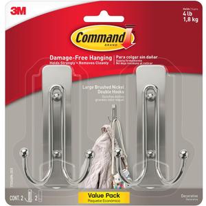 Command Large Brushed Nickel Double Hooks, 2 Hooks and 2 Strips, Damage Free Hanging Wall Hooks with Adhesive Strips, No Tools Coat Hooks for Hanging Home Decor, Holds up to 4 lb