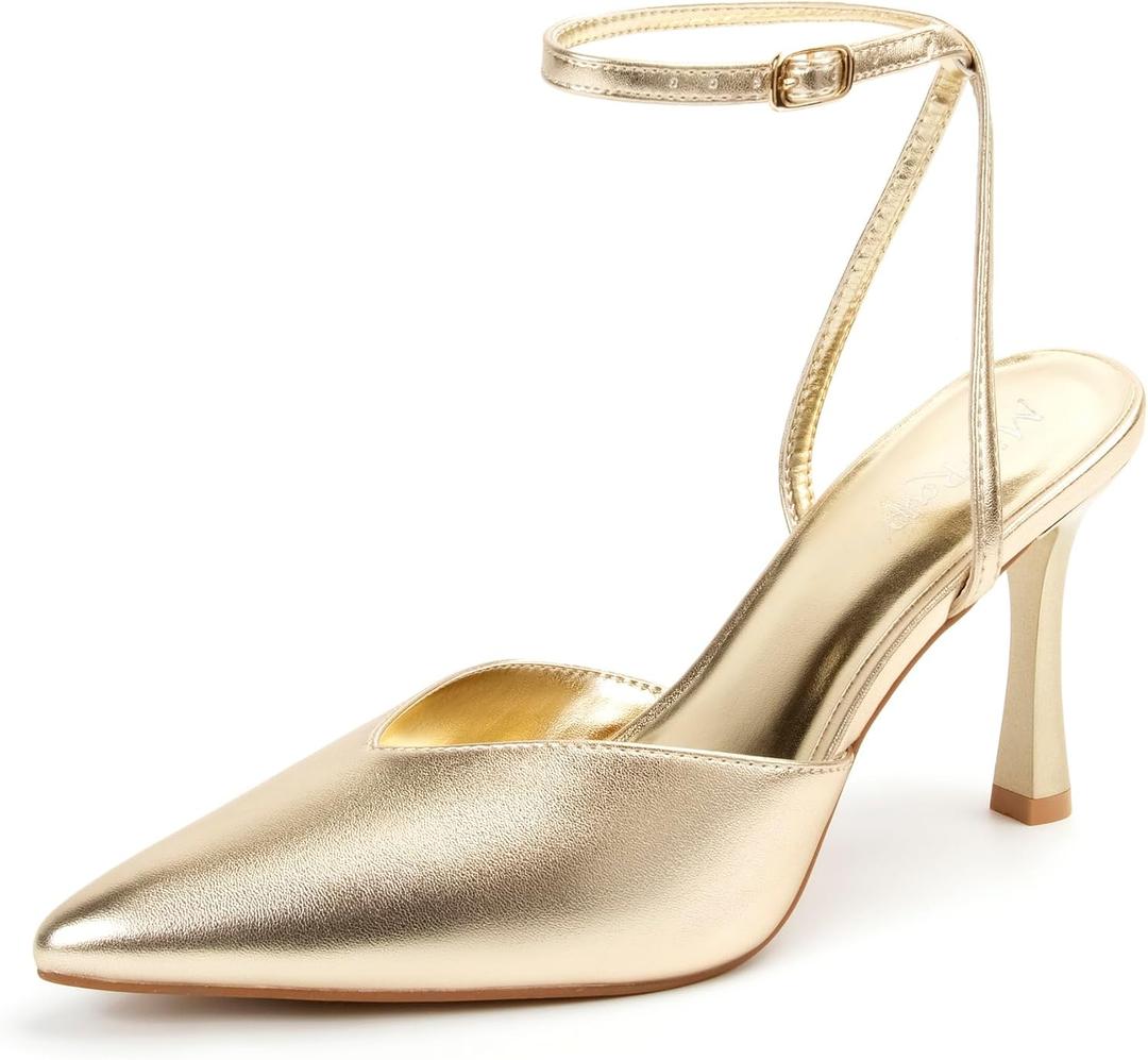 Miorap Closed Pointed Toe Kitten Slingback Heels for Women Ankle Strap Pumps Wedding Party Dressy Comfort Shoes Gold Size 7.5