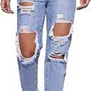 LINUMIN Women's High Waist Straight Leg Ripped Jeans Distressed Denim Pants (Blue, XL)