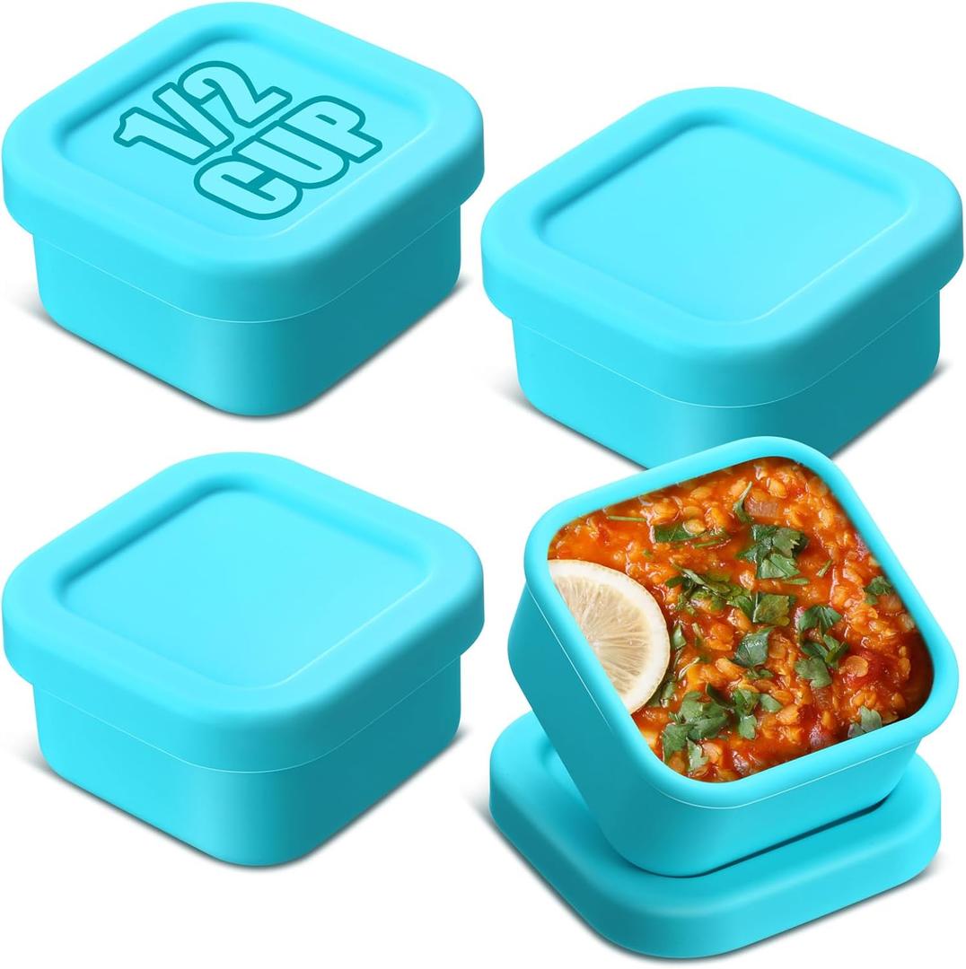 Nuogo 4 Pcs 1/2 Cup Silicone Freezer Trays with Lid Soup Freezer Containers Reusable Silicone Molds Rectangle Freezing Containers Freezing Ice Trays for Soups Sauces Stews Curries, Lake Blue
