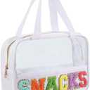 Chenille Letter Patch Clear Bag,Preppy Multi-purpose PVC&Nylon Clear Makeup Bag with Handles,Large Travel Makeup Toiletry Storage Zipper Pouch, Tote Bag for Women (White-SNACKS)
