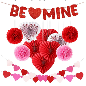 Fulmoon 13 Pcs Valentine Paper Kit Party Decorations, Valentine's Day Decorations Paper Flowers Hanging Fan Heart Craft Kit with Be Mine Banner, for Anniversary, Wedding, Engagement Party
