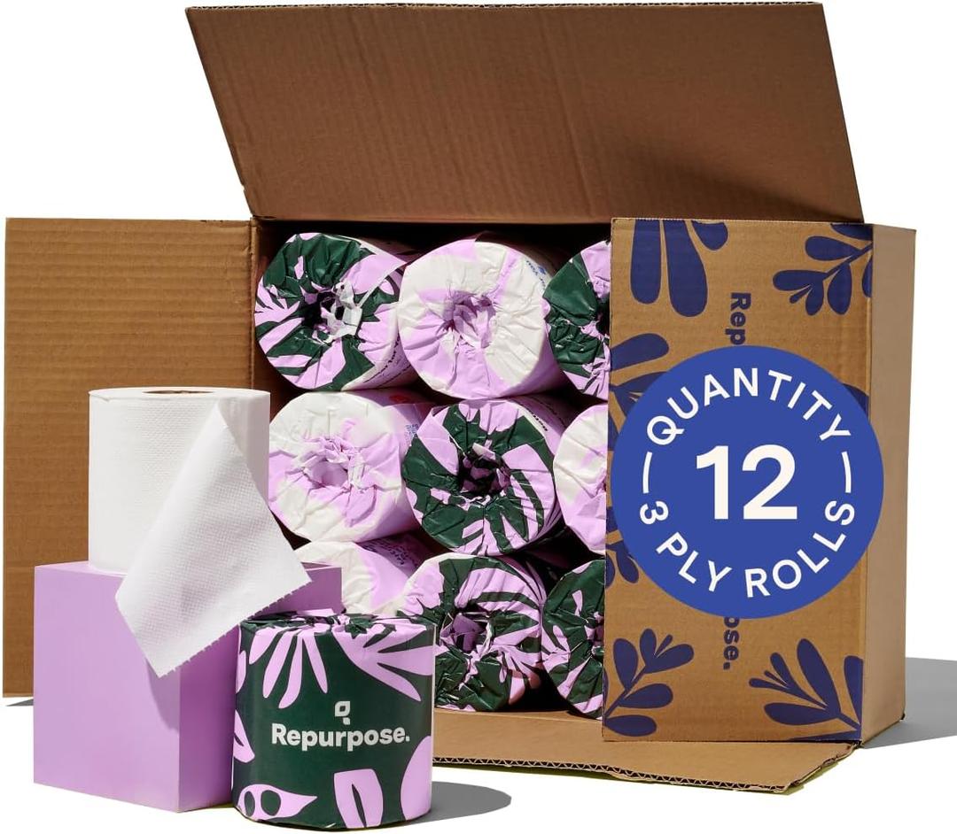 Repurpose 100% Bamboo Toilet Paper, 3-Ply, Tree-Free, Plastic-Free, FSC Certified, Septic Safe, Fast Dissolving, RV-Friendly, 12 Rolls (300 Sheets/Roll), No Fragrance/Dyes