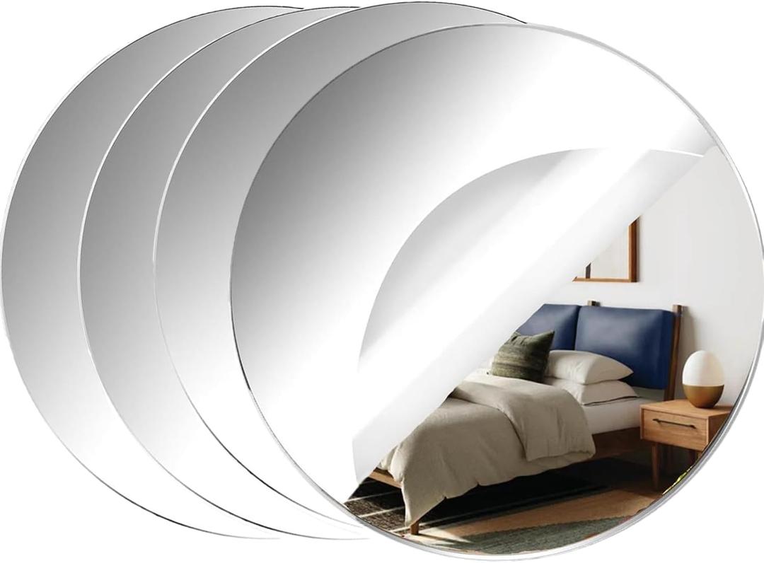 Acrylic Round Mirrors, 12 inch No Glass Circle Mirror Tiles Self Adhesive Mirror Stickers for Wall Home Living Room Bedroom Decor, Small Mirrors for Crafts (4, 12 inch/30cm)