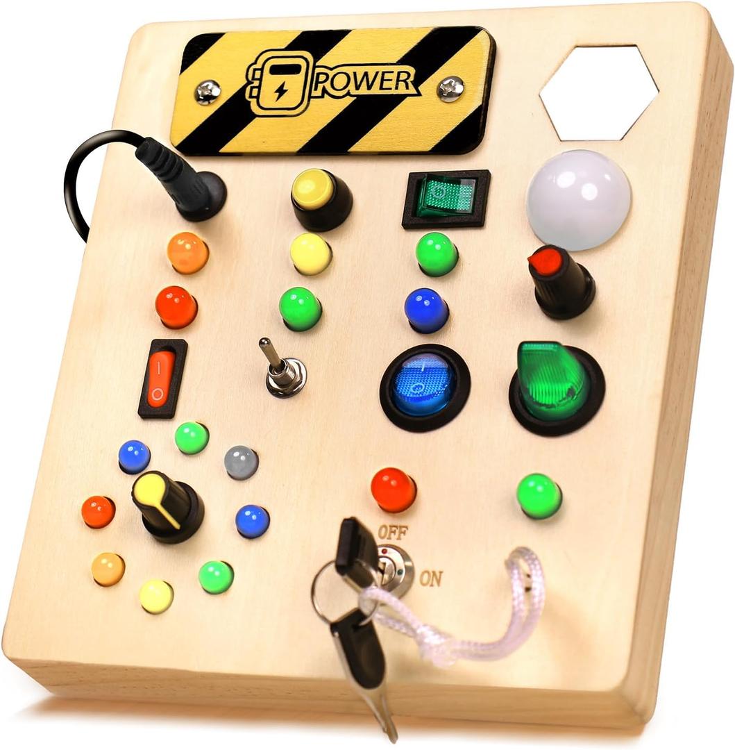 Busy Board with Led Light, Wooden Montessori Stem Toys for 1 2 3 Year Old, Educational Preschool Learning Travel Activities Sensory Toys for Toddlers 1-3, Birthday Gifts for Kids Boys Girls (Led Busy Board)