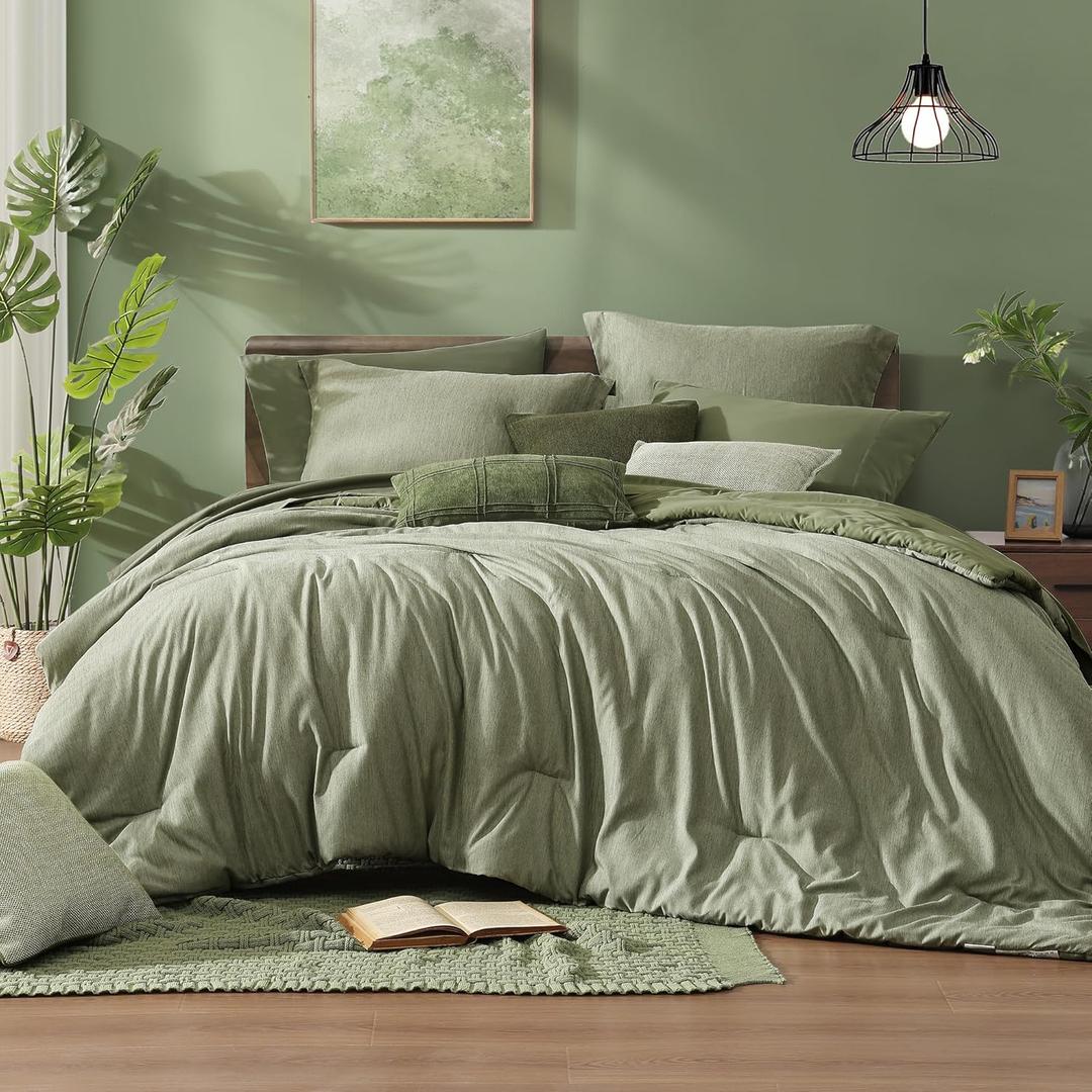 Monbix King Size Comforter Set, Sage Green King Size Bed Set Reversible 7 Pieces, Cationic Dyeing Bed in a Bag with Comforter, Sheets, Pillowcases & Shams