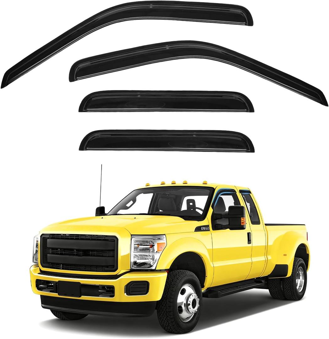 F250 Rain Guards - Window Visors for 1999-2016 Ford F250/F350/F450/F550 Super Duty SuperCrew Cab, Out-Channel Side Window Rain Guards for F350 Accessories, 4PCS, Black