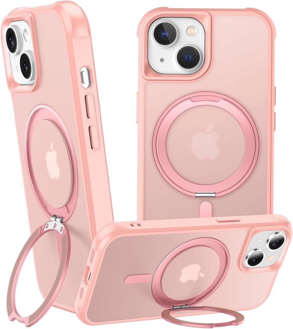 360 Magnetic Swivel Ring for iPhone 14 Plus case, Built-in Metal Stand and Ring Holder, Magsafe Compatible, Military Grade Protection, Shock and Vibration Resistant-Pink