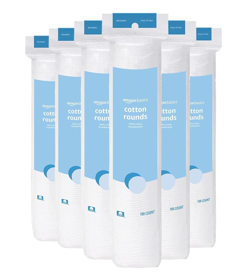 Amazon Basics Hypoallergenic 100% Cotton Rounds for Makeup Remover and Skincare, All Skin Types, 600 Count, 6 Packs of 100 Count