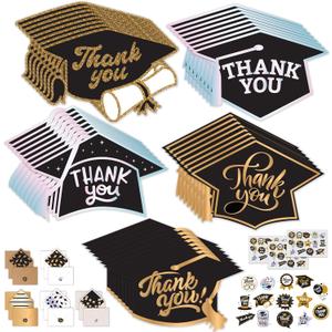 Decorably 40 Pack Postcard-Style Foiled, Glittery, and Holographic 6.5x4.5in Graduation Thank You Cards 2025 with Envelopes and Stickers, 5 Die-Cut Designs Thank You Cards with Envelopes Graduation