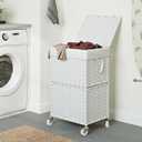 Chrislley 90L Slim Laundry Hamper with Wheels, Rolling Laundry Basket with Lid and Renovable Liner Bag, Handwoven Rattan Organizer for bedroom, bathroom, laundry room (White)