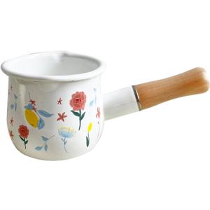 Enamel Milk Pot, Butter Warmer Non-stick Mini Saucepan, 4 Inch 17 Oz Small Cookware with Wooden Handle (Flower Pattern)