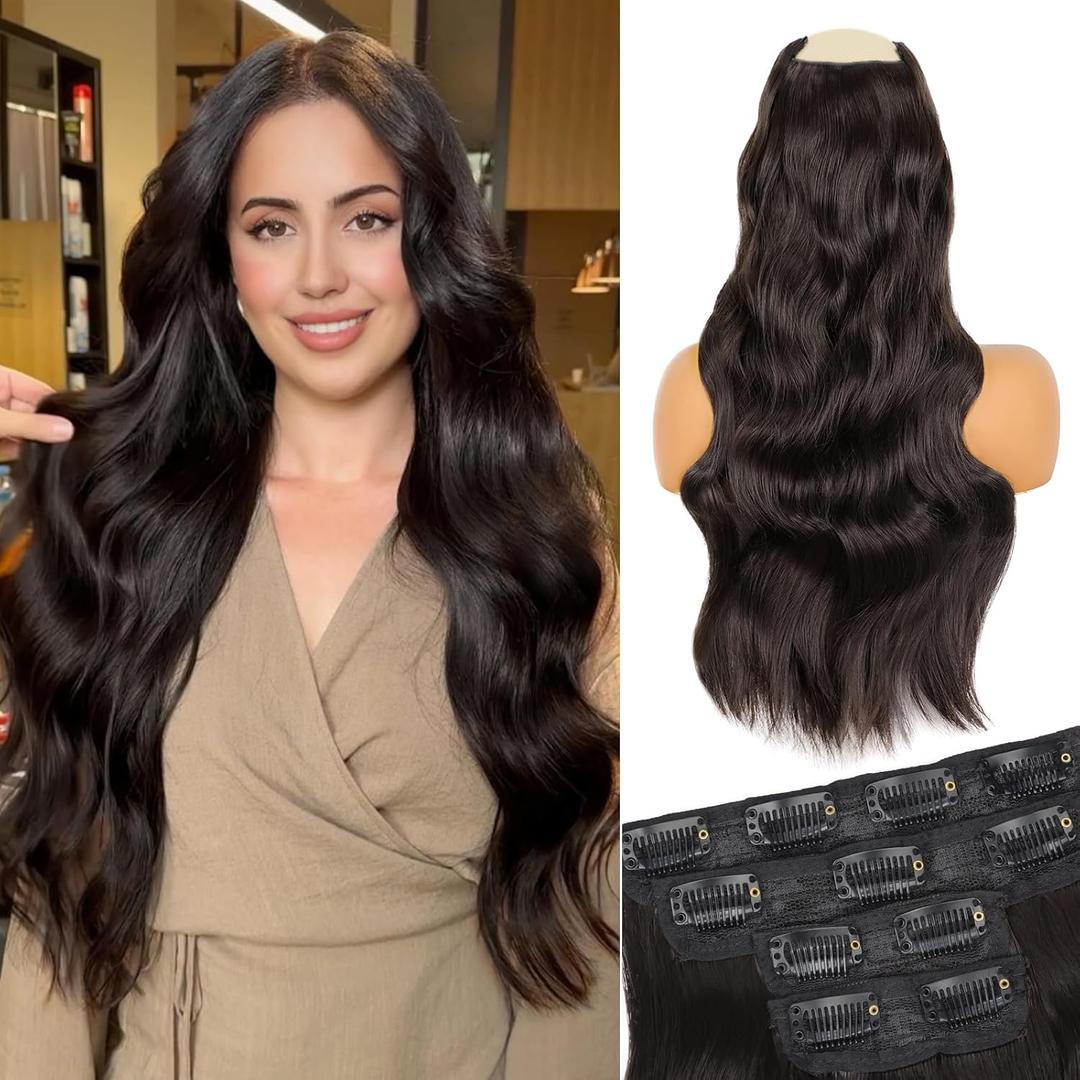 Vigorous Dark Brown Hair Extension 24InchLong Clip in Hair Extensions 4Pcs Thick Long Wavy Synthetic Hairpieces for Women