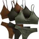 Women's 6 Piece Ribbed Knit Lingerie Sets Seamless Wireless No Show Bra and Panty Thong Sets Matching Underwear Sets (Large, Multi Green)