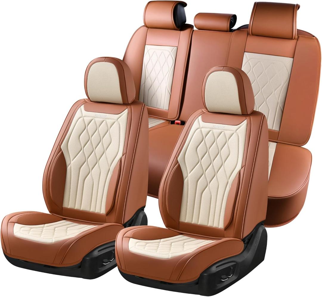 FLORICH Leather Car Seat Cover 5 Pieces, Full Set Car Seat Covers, Automotive Seat Covers Protector Fit for Most Sedans SUV Pick-up Truck - Brown&Beige
