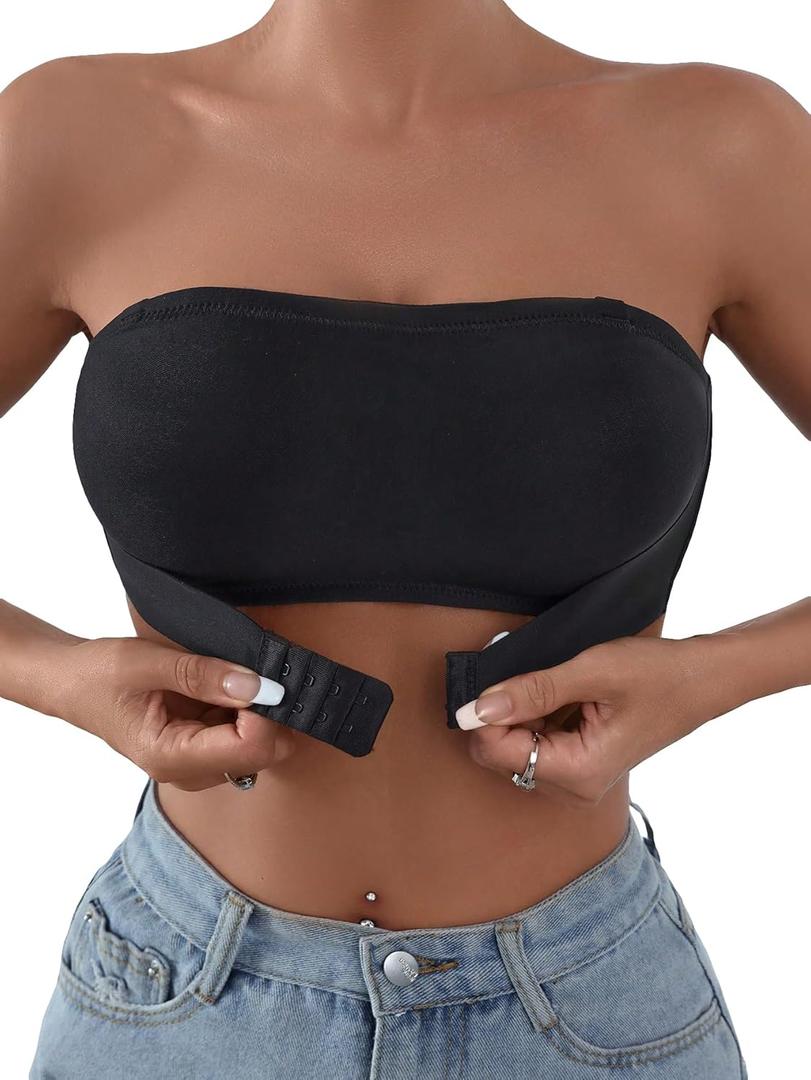 COZYEASE Women's Strapless Front Closure Bra One Piece Comfort Wireless Bottom Hem Bras (X-Large, Black)